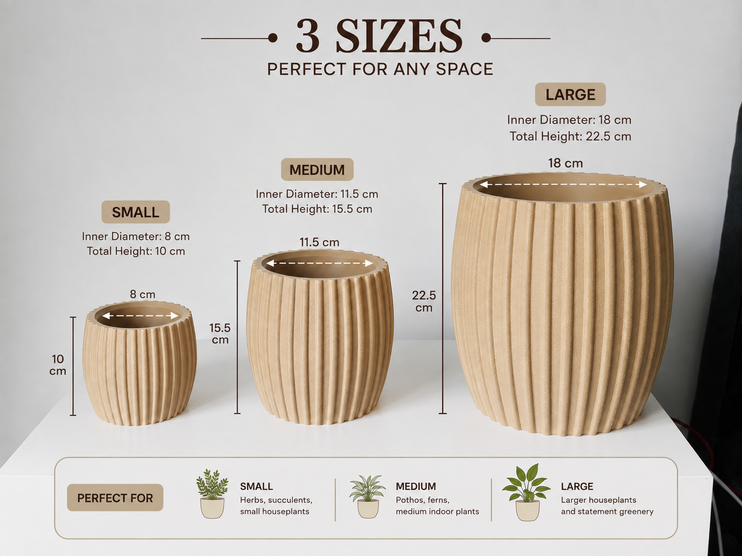 Ribbed planter size guide with small, medium and large options