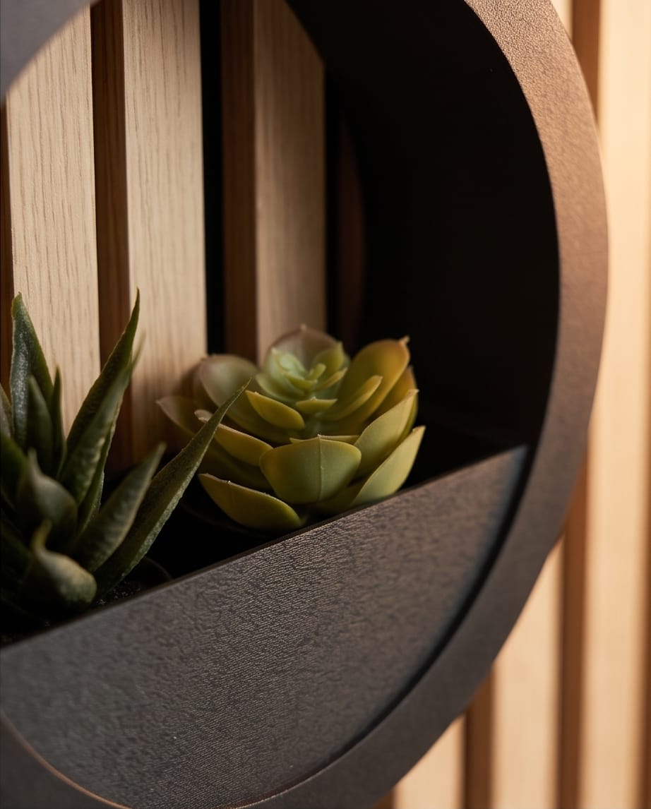 Close-up of plants in a black Orbis wall planter