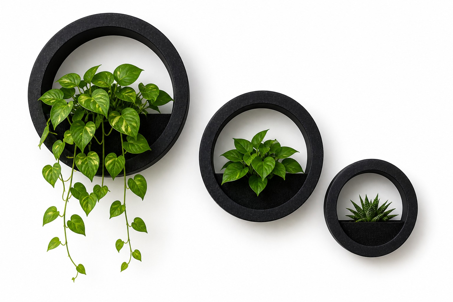 Top down view of three Orbis wall planters with hanging vines