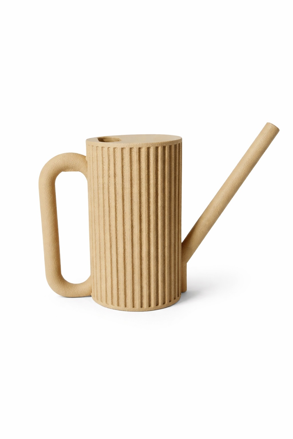 Side profile of the ribbed sand beige watering can on a white background